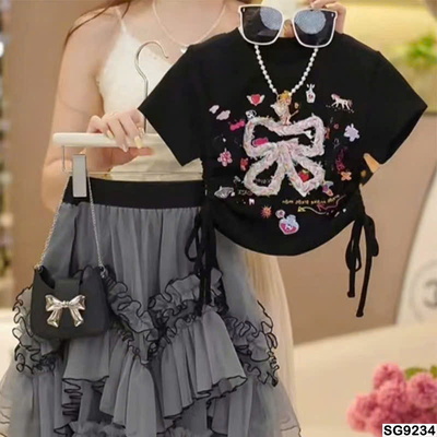 SG9234 SET ÁO THUN NƠ MIX CHÂN VÁY LƯỚI DÀI BG
