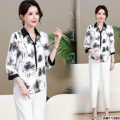 AM11390 ÁO SƠ MI NỮ TRUNG NIÊN HỌA TIẾT LÁ TRÚC