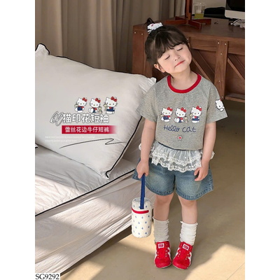 SG9292 SET ÁO HELLO KITTY + SHORT JEAN PHỐI REN NINGLI