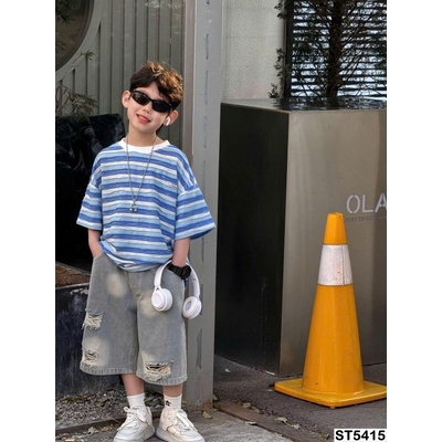 ST5415 SET ÁO KẺ XANH MIX SHORT JEANS RÁCH TAIRU