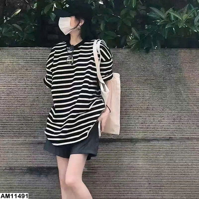 AM11491 ÁO PHÔNG KẺ CỔ TRÒN RS CHO NỮ