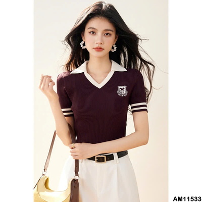 AM11533 ÁO POLO DỆT KIM CỘC TAY CỔ V