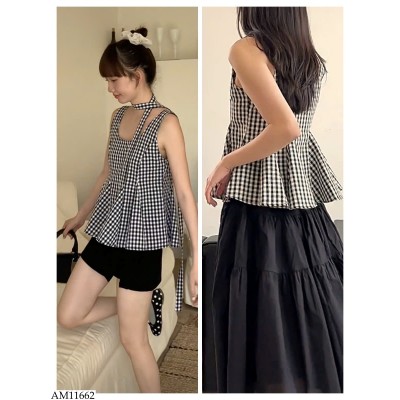 AM11662 ÁO CARO 2 DÂY BẢN TO MIX KHĂN QUÀNG CỔ
