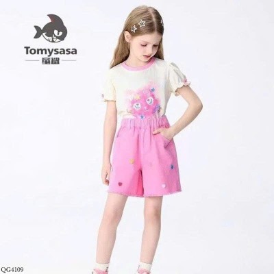 QG4109 QUẦN SHORT JEAN HỒNG ĐÍNH CÚC TIM