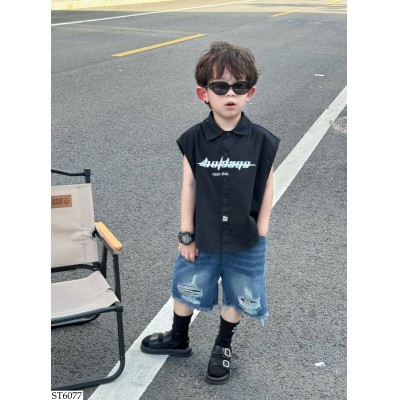 ST6077 ÁO SƠ MI BA LỖ PHỐI QUẦN SHORT JEAN RÁCH