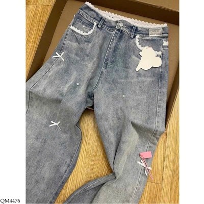 QM4476 QUẦN JEAN ĐÍNH NƠ CẠP REN NỮ
