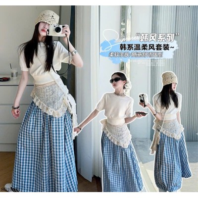 SG10699 SET ÁO MIX CHÂN VÁY KẺ + QUÂY REN BÉ GÁI