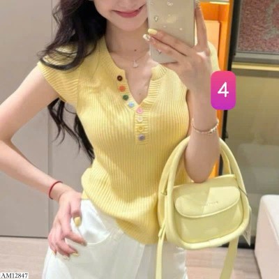 AM12847 ÁO DỆT KIM CỔ V PHỐI CÚC SẮC MÀU