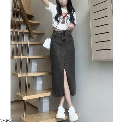 VM2903 CHÂN VÁY JEAN CHỮ A DÁNG DÀI XẺ TRƯỚC