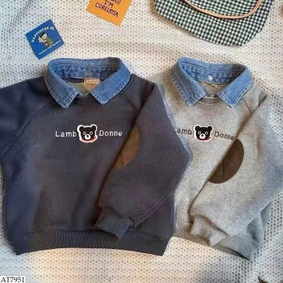 AT7951 ÁO NỈ GẤU PHỐI CỔ DENIM BT