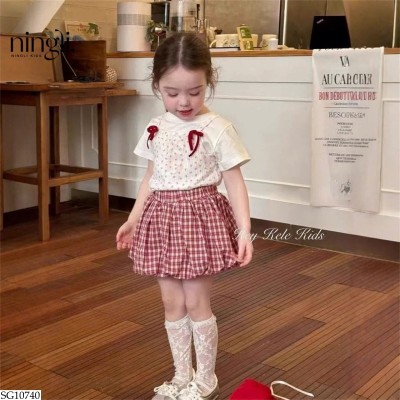 SG10740 SET ÁO NƠ MIX QUẦN KẺ CARO NINGLI 