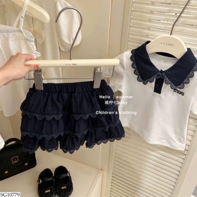 SG10779 SET ÁO POLO VIỀN REN PHỐI CHÂN VÁY