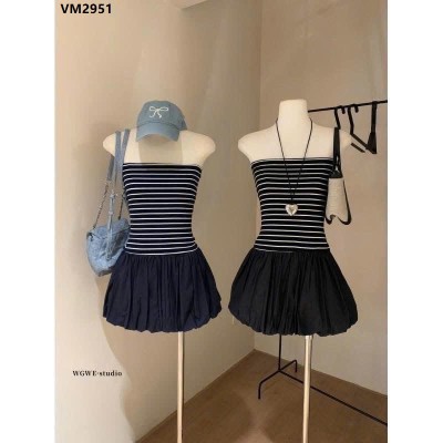VM2951 VÁY LIỀN MÀU KẺ DÁNG BÍ PHỒNG W.G.W.E