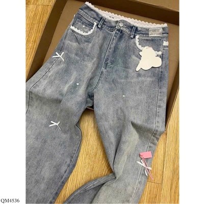 QM4536 QUẦN JEAN ĐÍNH NƠ CẠP REN NỮ