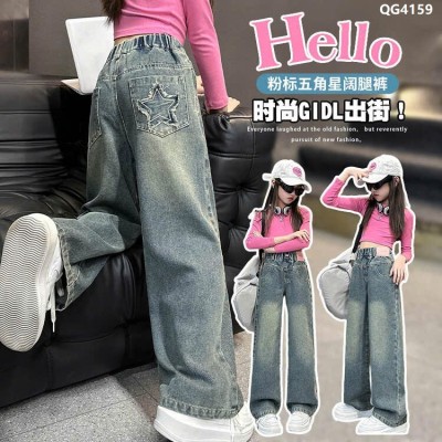 QG4159 QUẦN JEANS SUÔNG TÚI NGÔI SAO BÉ GÁI