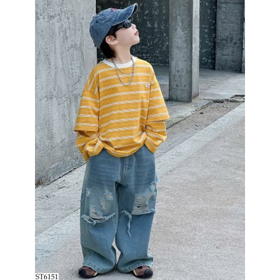 ST6151 SET ÁO KẺ MIX QUẦN JEAN RÁCH BT