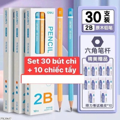 PK10657 SET 30 BÚT CHÌ KÈM 10 CỤC TẨY DELI