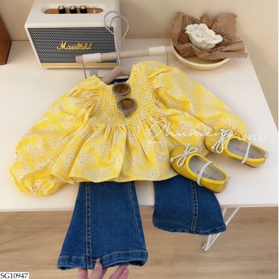 SG10947 SET ÁO HOA MIX QUẦN JEAN ỐNG LOE BG