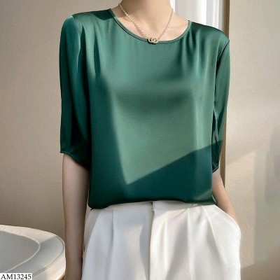 AM13245 ÁO LỤA SATIN CỔ TRÒN TAY LỬNG