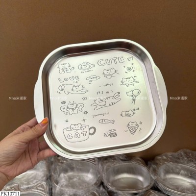 PK10711 KHAY INOX HỌA TIẾT MÈO CUTE