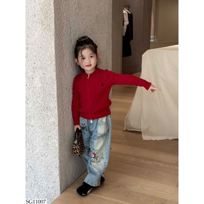 SG11007 SET ÁO LEN ĐỎ MIX JEAN MÈO KITTY BG