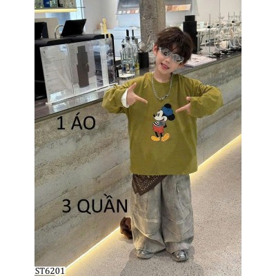 ST6201 SET ÁO DÀI TAY MICKEY MIX QUẦN JEAN XÁM TAIRU