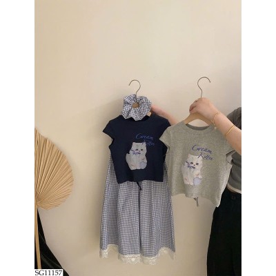 SG11157 SET ÁO MÈO MIX QUẦN KẺ CARO BG