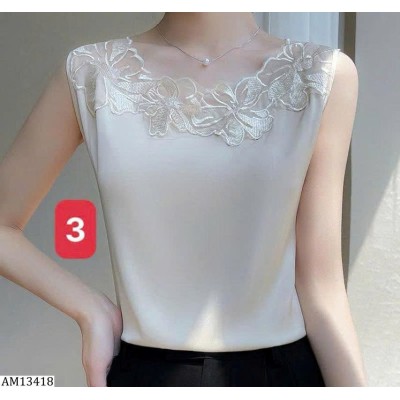 AM13418 ÁO LỤA KHÔNG TAY CỔ HOA