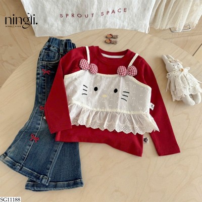 SG11188 SET ÁO MIX QUẦN JEAN ỐNG LOE NINGLI