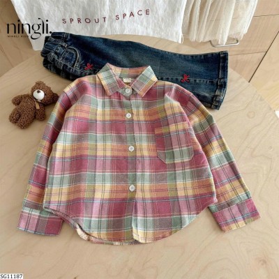 SG11187 SET ÁO SƠ MI KẺ MIX QUẦN JEAN ỐNG LOE NINGLI