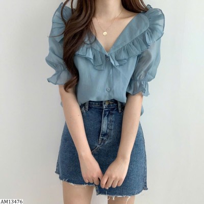 AM13476 ÁO VOAN CỔ V RÚT NHÚN BÈO