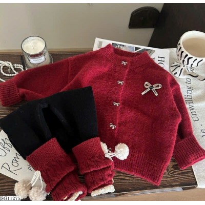 SG11275  SET ÁO KHOÁC LEN ĐÍNH NƠ + QUẦN LEGGING BÉ GÁI