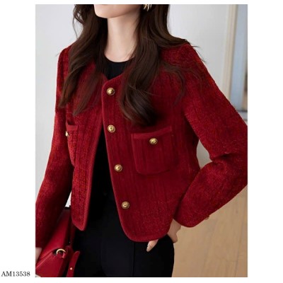 AM13538  ÁO DẠ TWEED ĐỎ PHỐI CÚC NỮ