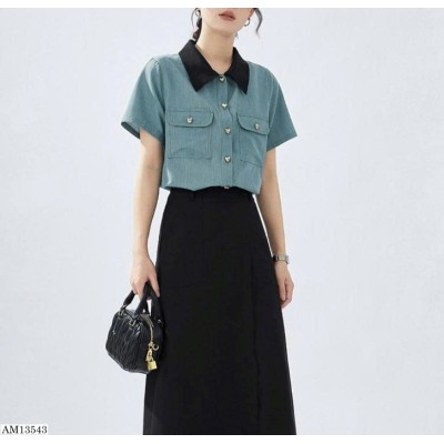 AM13543 ÁO SƠ MI NỮ PHỐI CÚC TRÁI TIM