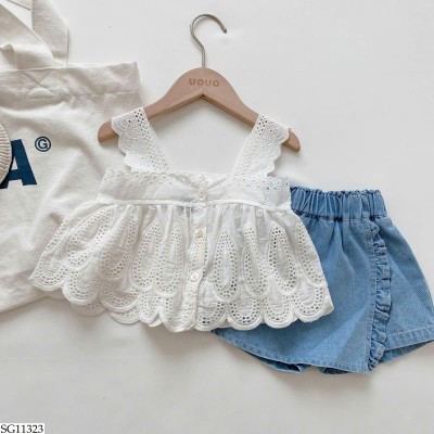 SG11323 SET ÁO TRẮNG MIX QUẦN SHORT JEAN BG