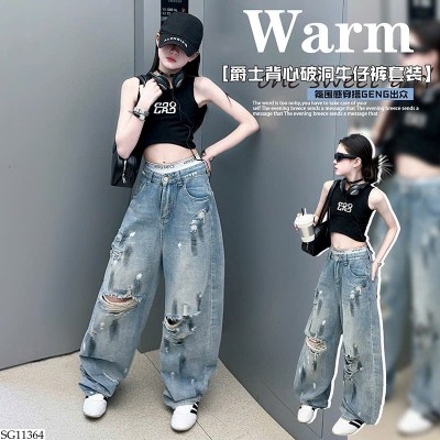 SG11364 SET ÁO CRT MIX QUẦN JEAN RÁCH BG