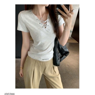 AM13666 ÁO THUN NGẮN TAY CỔ V ĐAN DÂY