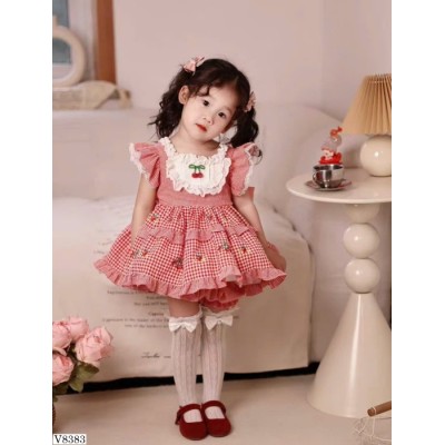 V8383  VÁY LOLITA KẺ ĐỎ PHỐI REN BÈO CHO BÉ