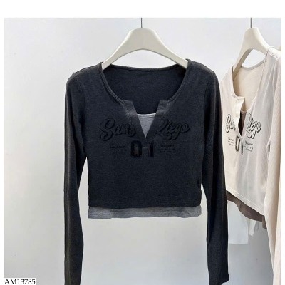 AM13785 ÁO THUN DÀI TAY CROPTOP GIẢ 2 LỚP