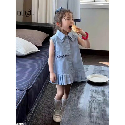 V8390  VÁY SƠ MI SÁT NÁCH CỔ NƠ CHÂN XẾP LY NINGLI