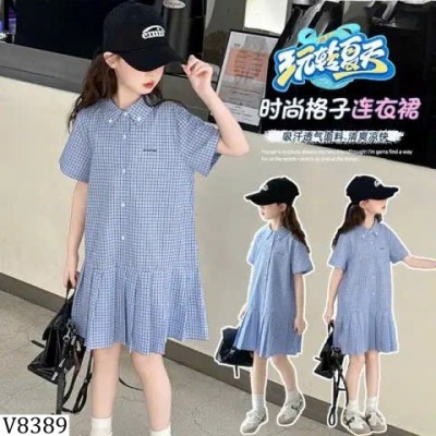 V8389  VÁY SƠ MI KẺ CARO XANH ĐUÔI XẾP LY CHO BÉ GÁI SZ ĐẠI