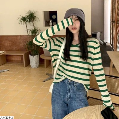 AM13846 ÁO KẺ CỔ V CHO NỮ