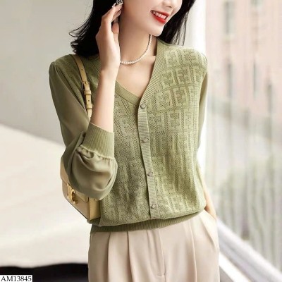AM13845 ÁO DỆT KIM CỔ V PHỐI TAY VOAN