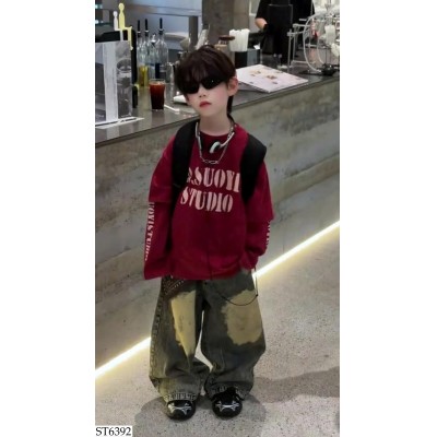 ST6392 SET ÁO NỈ CHỮ MIX QUẦN JEAN TAIRU