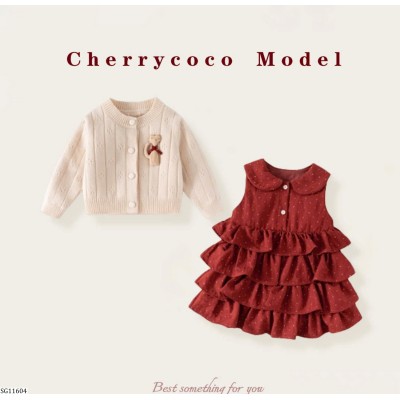 SG11604 SET VÁY CHẤM BI MIX ÁO LEN CARDIGAN CHERRYCOCO