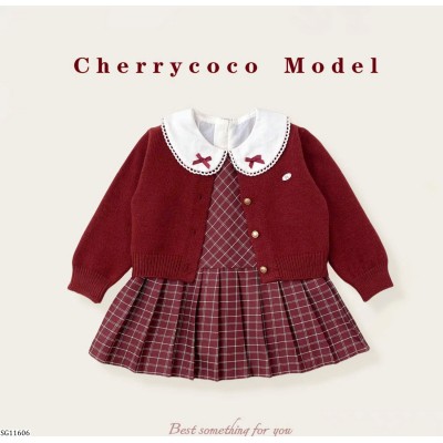 SG11606 SET VÁY KẺ CARO MIX ÁO LEN CARDIGAN CHERRYCOCO