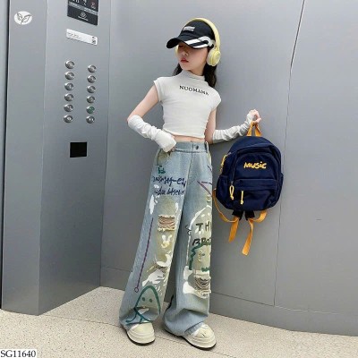 SG11640 SET ÁO CRT MIX QUẦN JEAN RÁCH BG