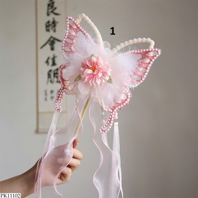 PK11102 QUẠT CẦM TAY HOA LỤA BƯỚM