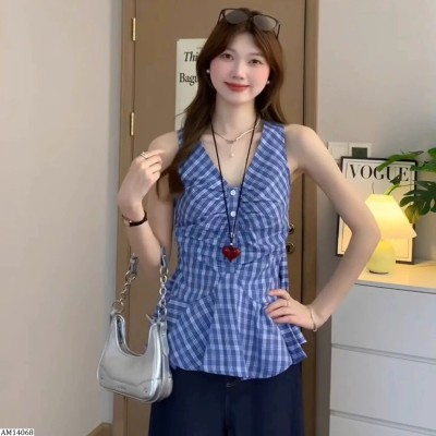 AM14068 ÁO SÁT NÁCH CỔ V KẺ CARO
