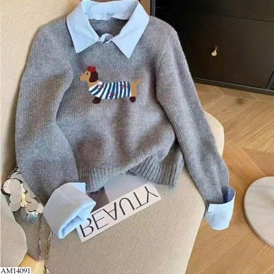 AM14091 ÁO LEN PHỐI CỔ SƠ MI CHO NỮ
